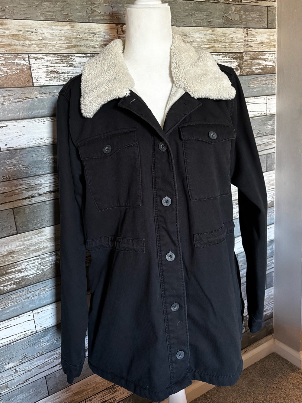 Hang Ten Black/Cream Cotton Sherpa Fleece Button Up Jacket Outdoor Womens Size L